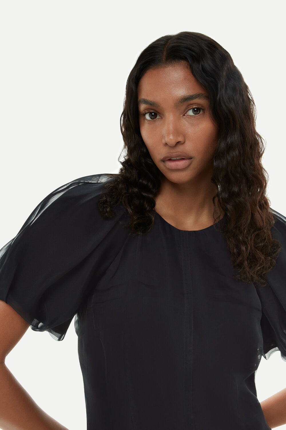 Black Organza Silk Puff Sleeve Dress