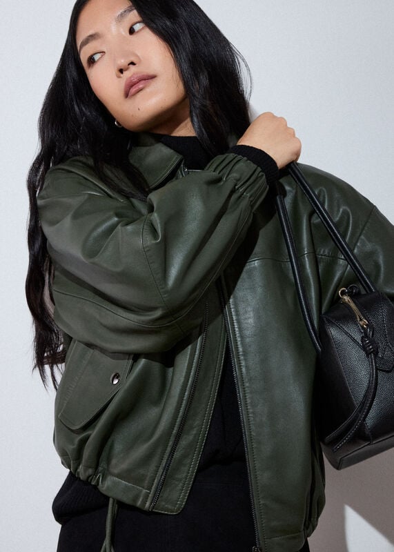 Khaki Frida Leather Bomber Jacket