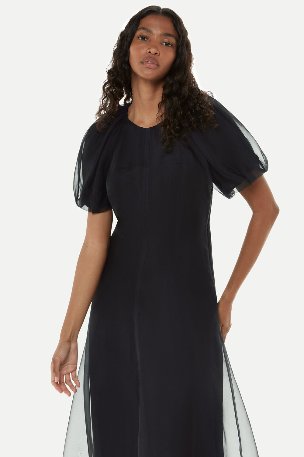 Black Organza Silk Puff Sleeve Dress
