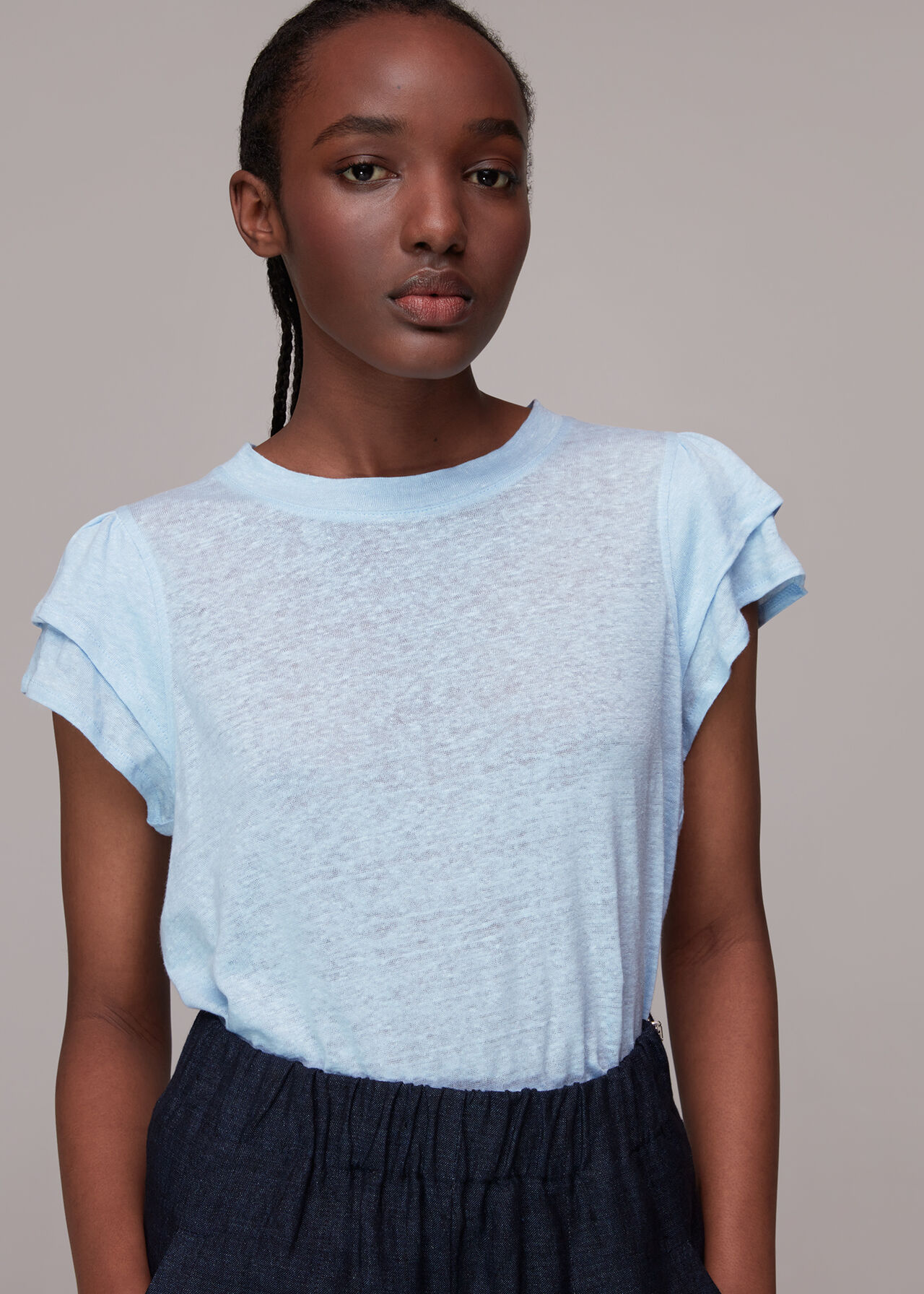 Pale Blue Laura Linen Frill Sleeve Top | WHISTLES