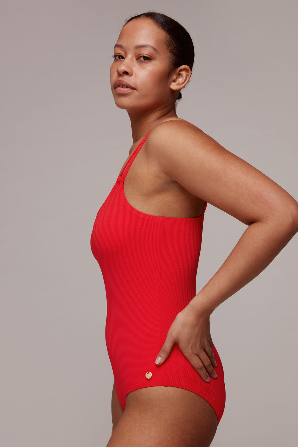 Red Double Strap Textured Swimsuit