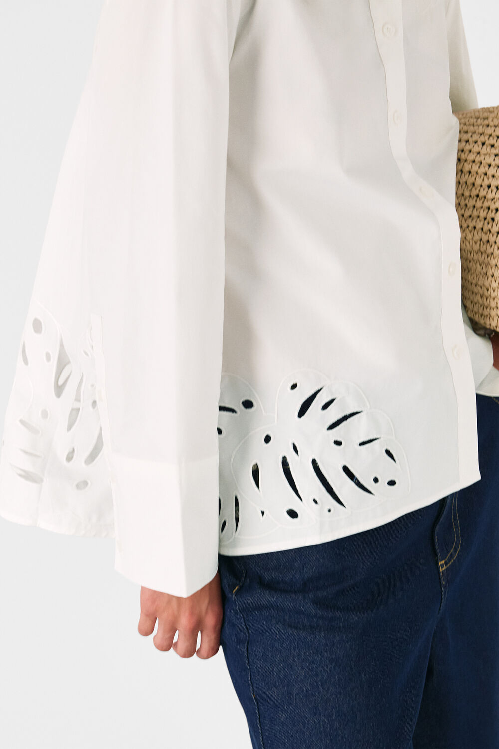 Leaf Embroidered Cotton Shirt
