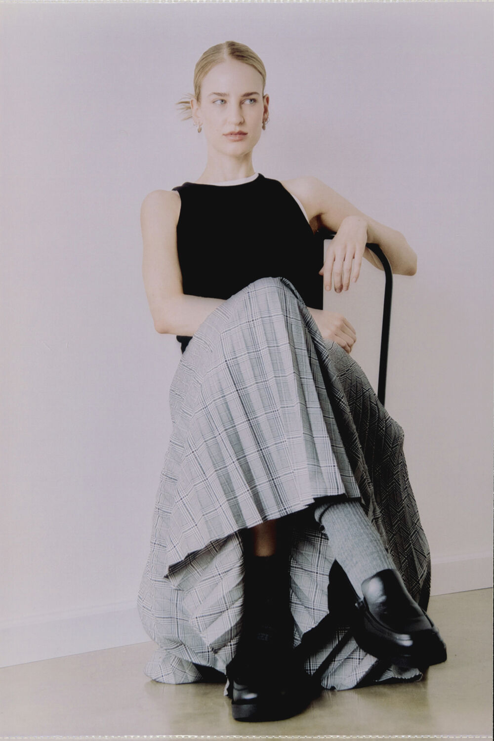 Grey Petite Check Pleated Midi Skirt