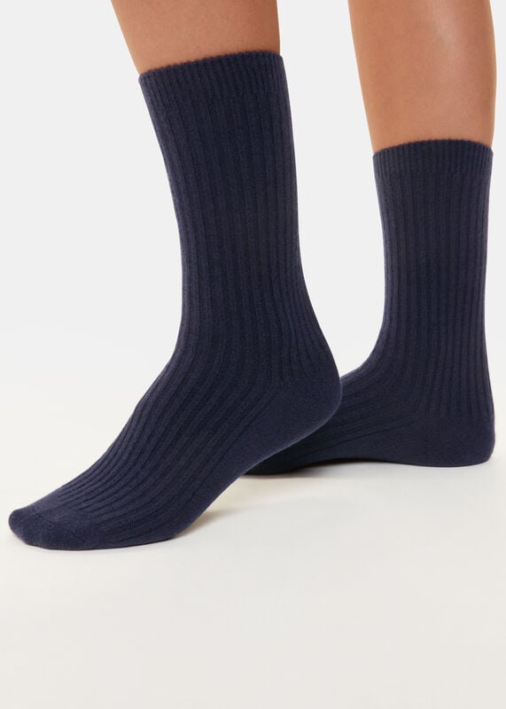 Navy Cashmere Ribbed Socks