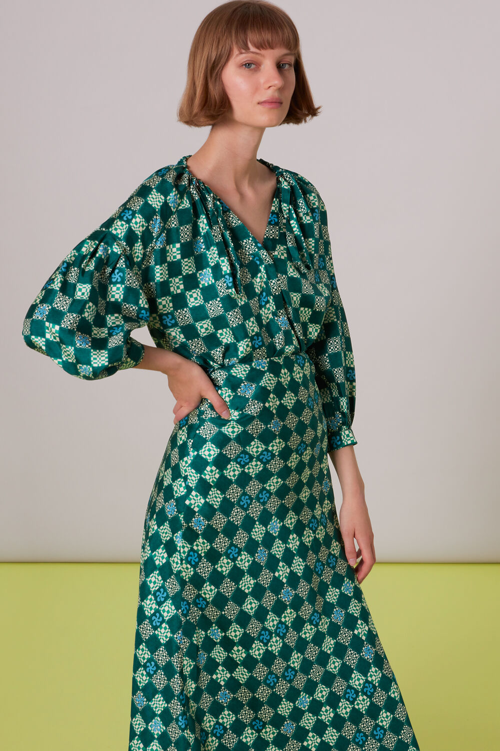 Green Silk Checkerboard Bias Skirt