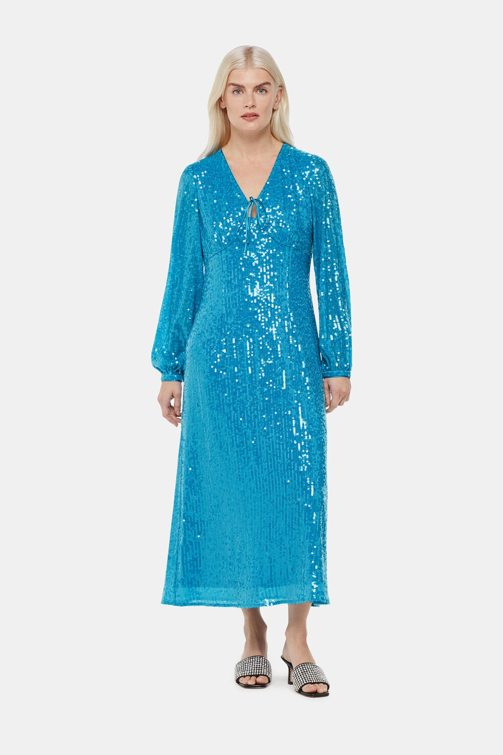 Blue Petite Sequin Keyhole Midi Dress