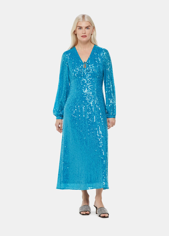 Blue Petite Sequin Keyhole Midi Dress