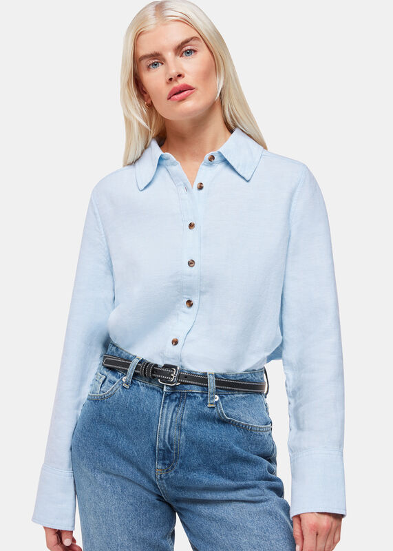 Blue Petite Linen Relaxed Fit Shirt