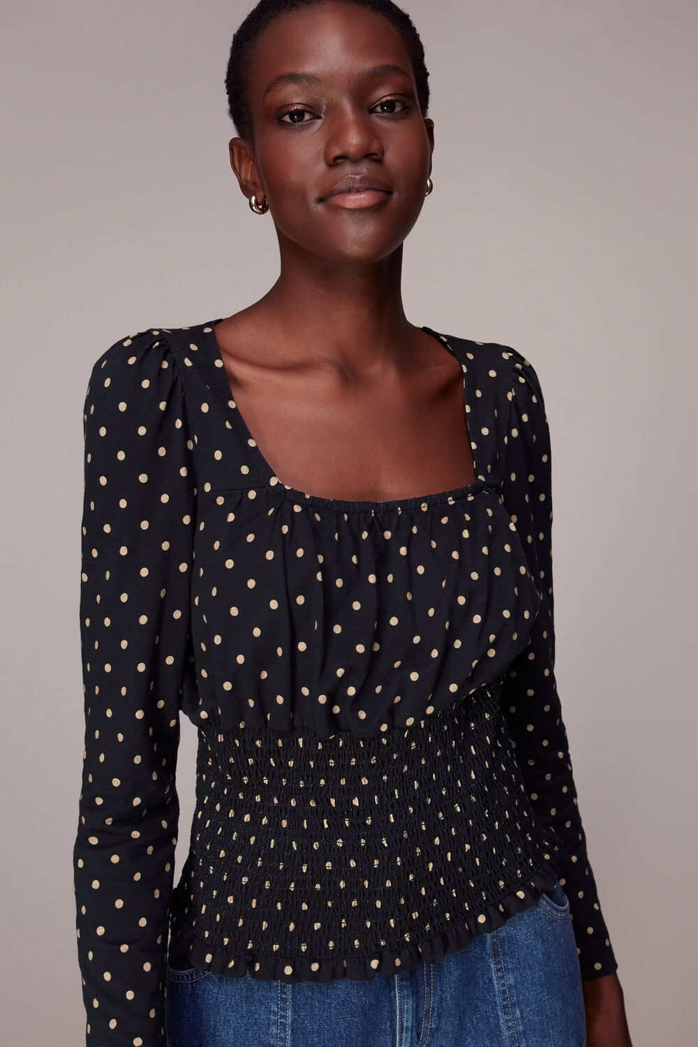 Spot Square Neck Shirred Top