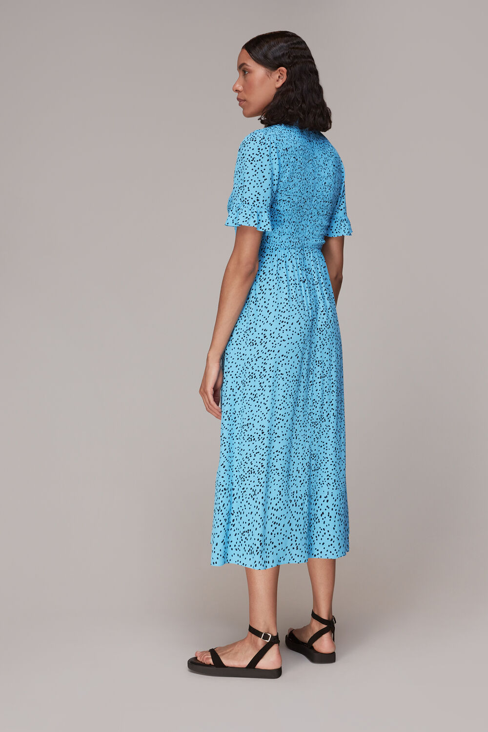 Spotted Dot Shirred Midi Dress