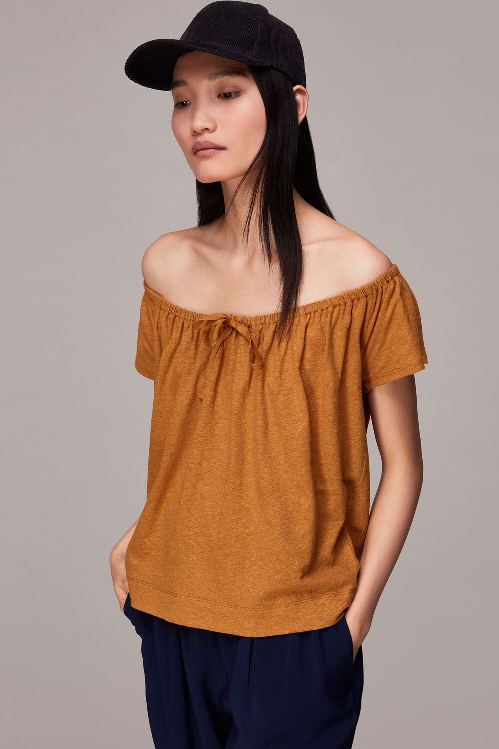 Drawstring Linen Bardot Top
