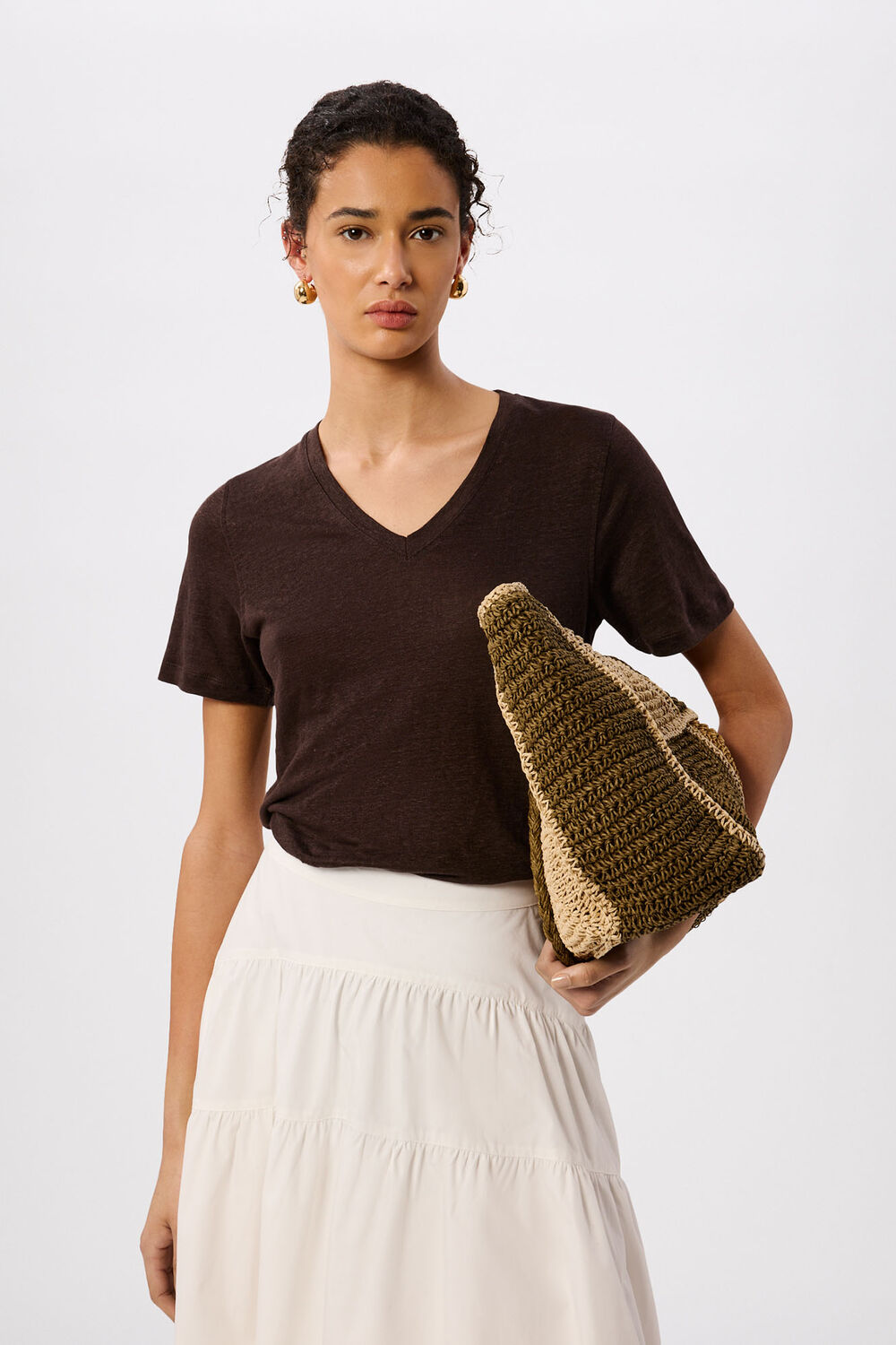 Brown Linen V Neck T-Shirt