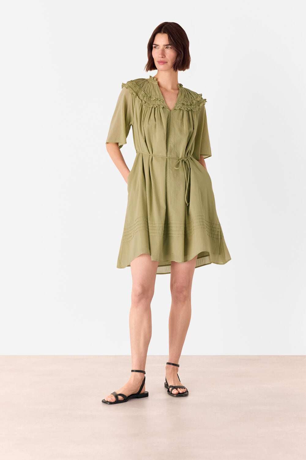 Khaki Cotton Frill Mini Dress