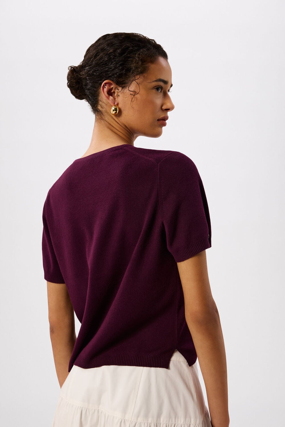 Plum Short Sleeve Button Front Knit
