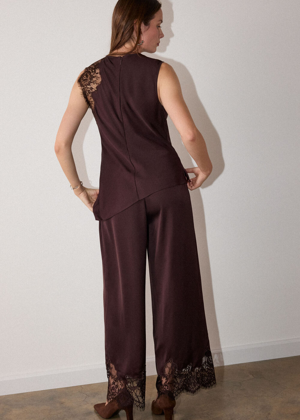 Chocolate Lace Asymmetric Satin Top