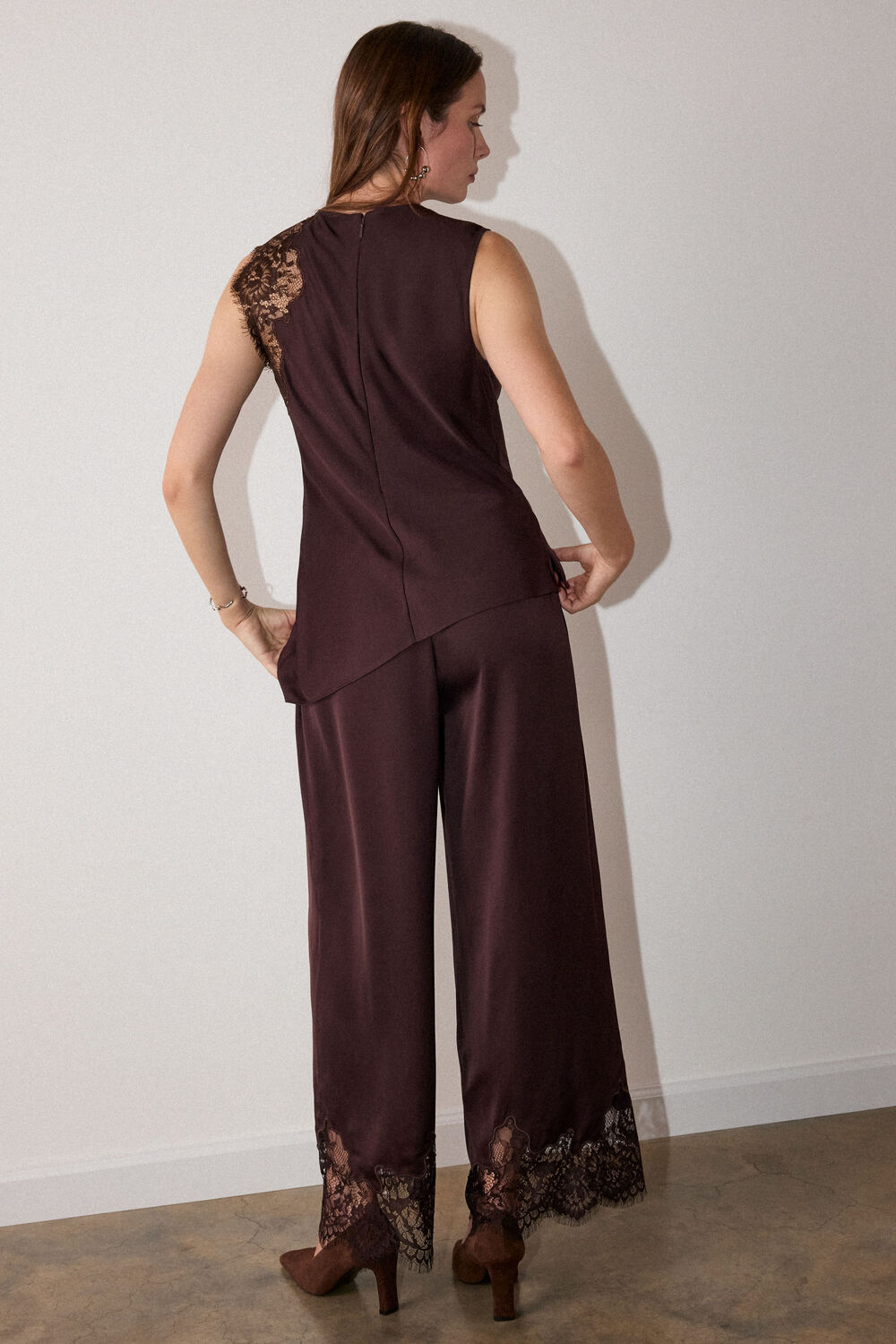 Chocolate Lace Asymmetric Satin Top