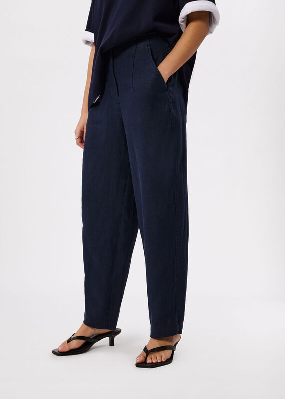 Navy Petite Linen Barrel Leg Trouser