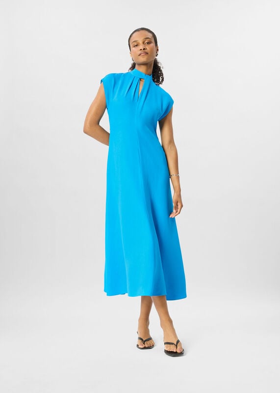 Blue Petite Twist Neck Crepe Midi Dress