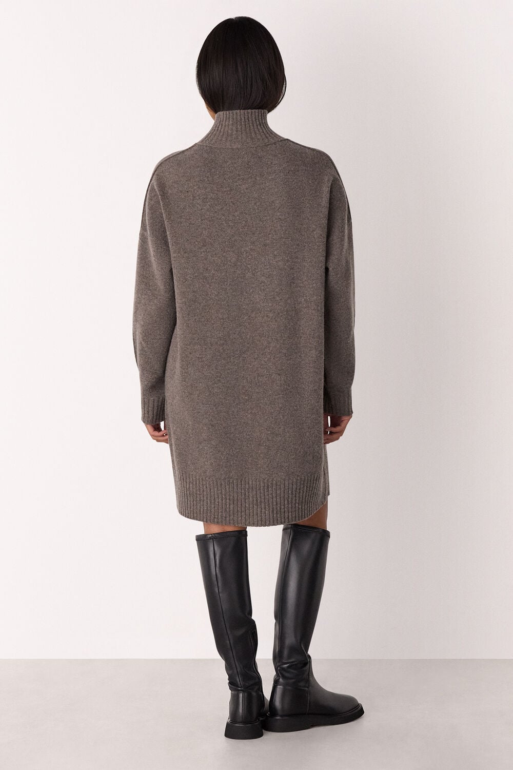 Taupe Petite Funnel Neck Wool Mini Dress