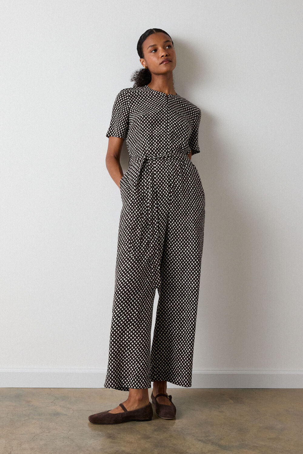 Brown Check Short Sleeve Jumpsuit
