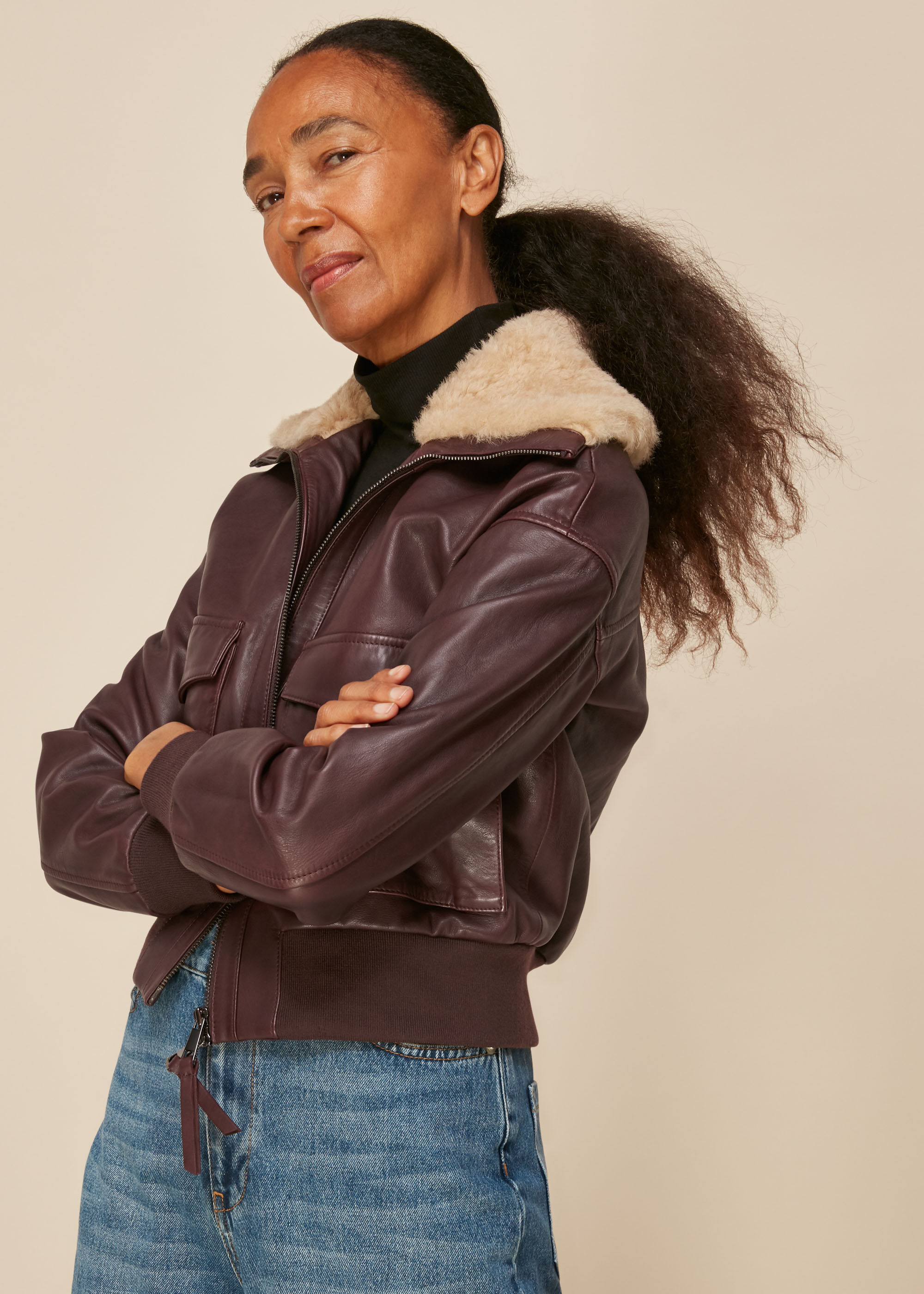 Burgundy Shearling Collar Bomber Jacket WHISTLES