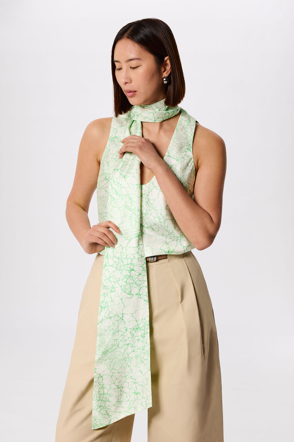 Green Printed Silk Scarf Vest Top