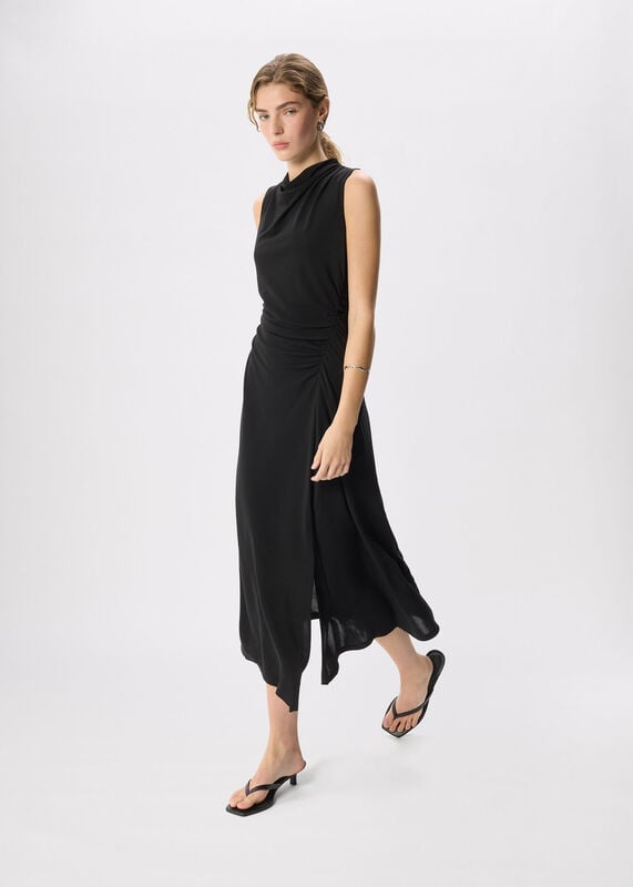 Black Ruched Cowl Neck Jersey Dress