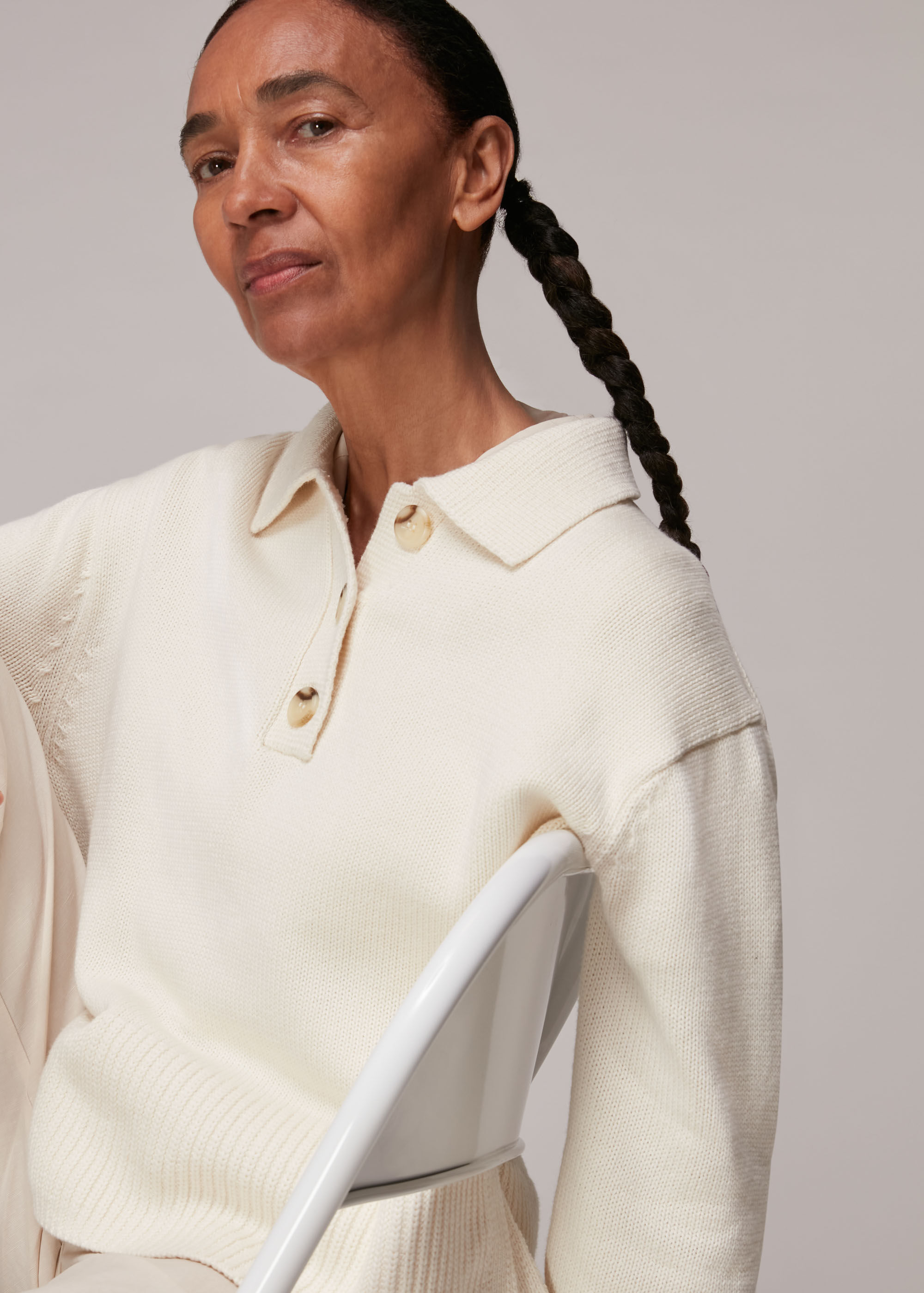 Ivory Button Front Polo Knit | WHISTLES |