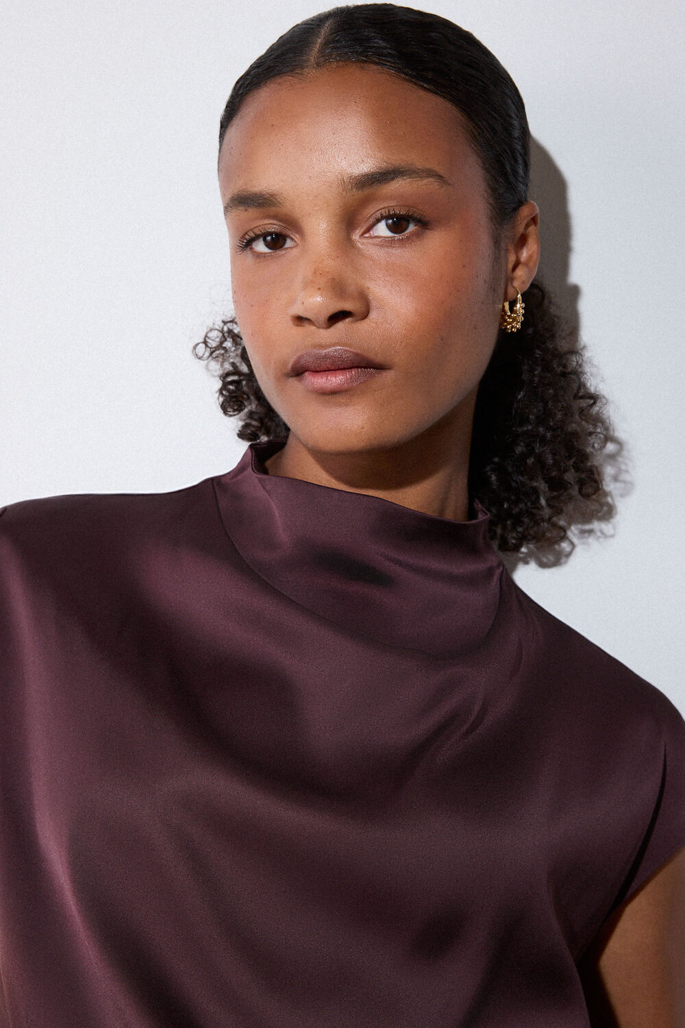 Burgundy Cowl Neck Satin Sleeveless Top