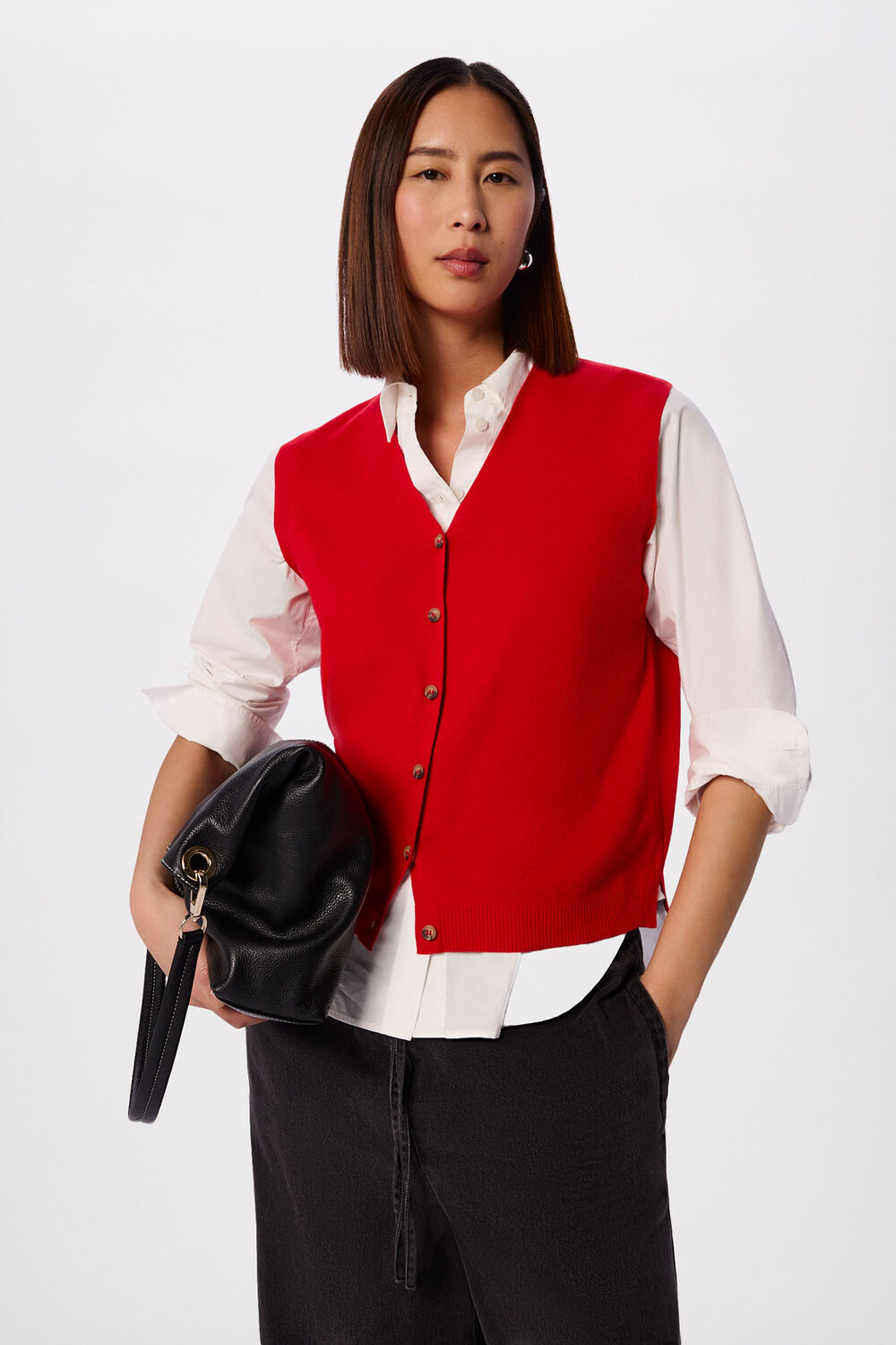 Red V Neck Button Front Knit Tank