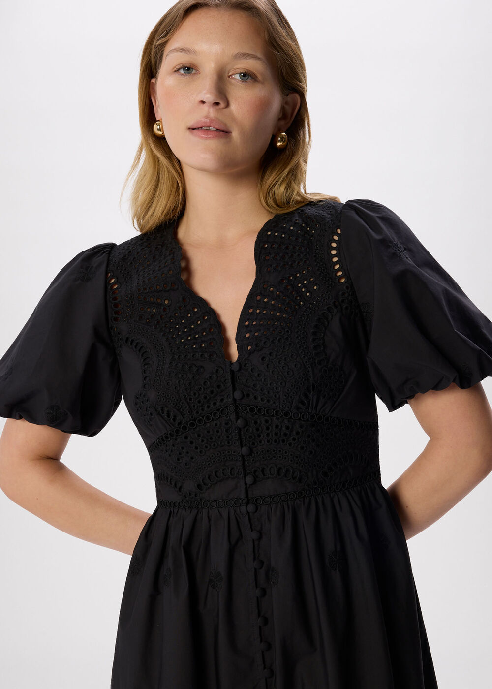 Petite Cotton Broderie V Neck Dress