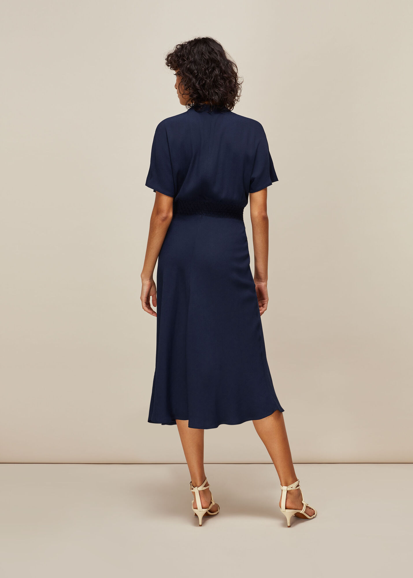 Navy Shirred Waist Midi Dress WHISTLES Whistles US