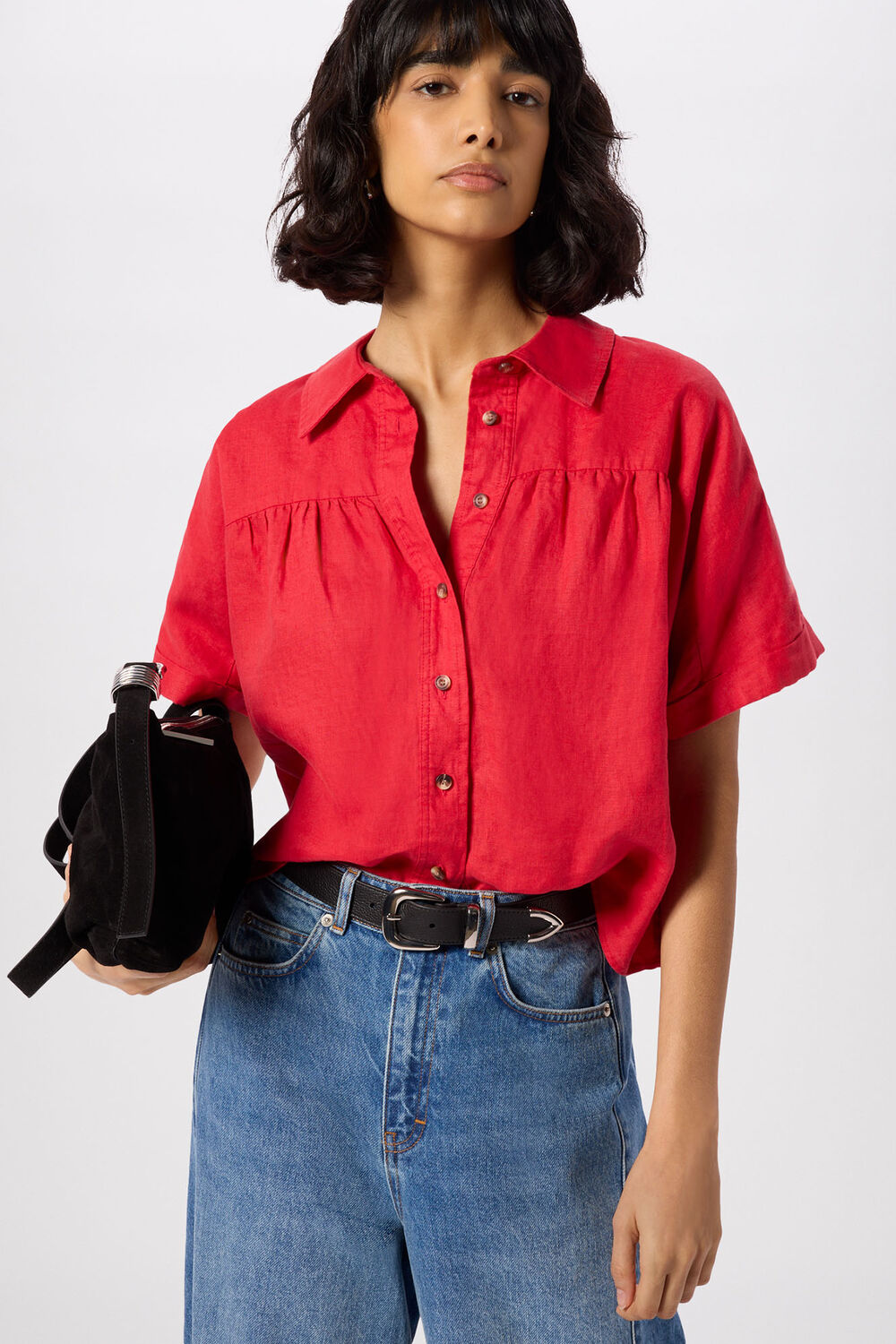 Red Linen Gathered Shirt