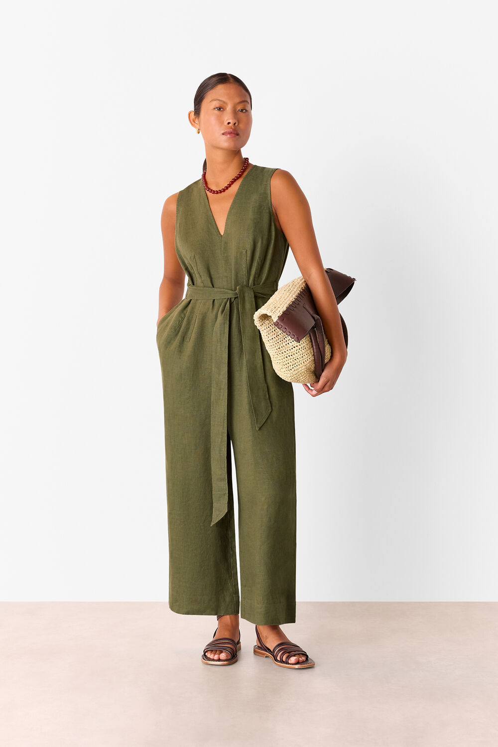 Khaki Petite Belted Seamed Linen Jumpsuit