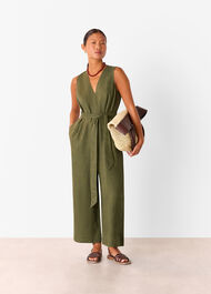 Petite Belted Seamed Linen Jumpsuit