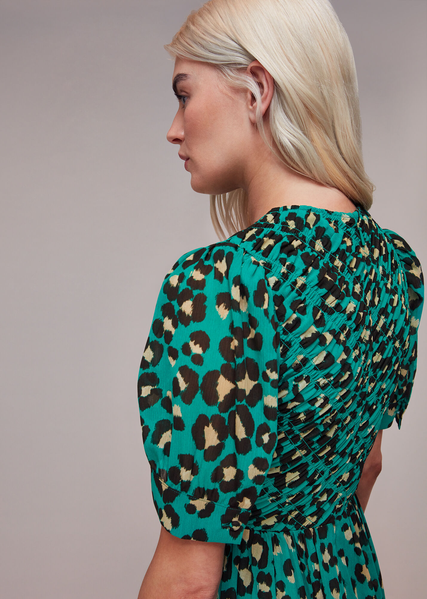 Green/Multi Painted Leopard Shirred Dress | WHISTLES | Whistles US |