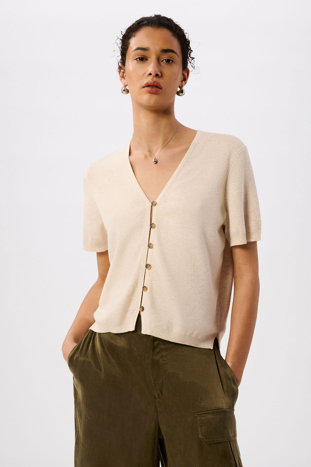 Oatmeal Short Sleeve Button Front Knit