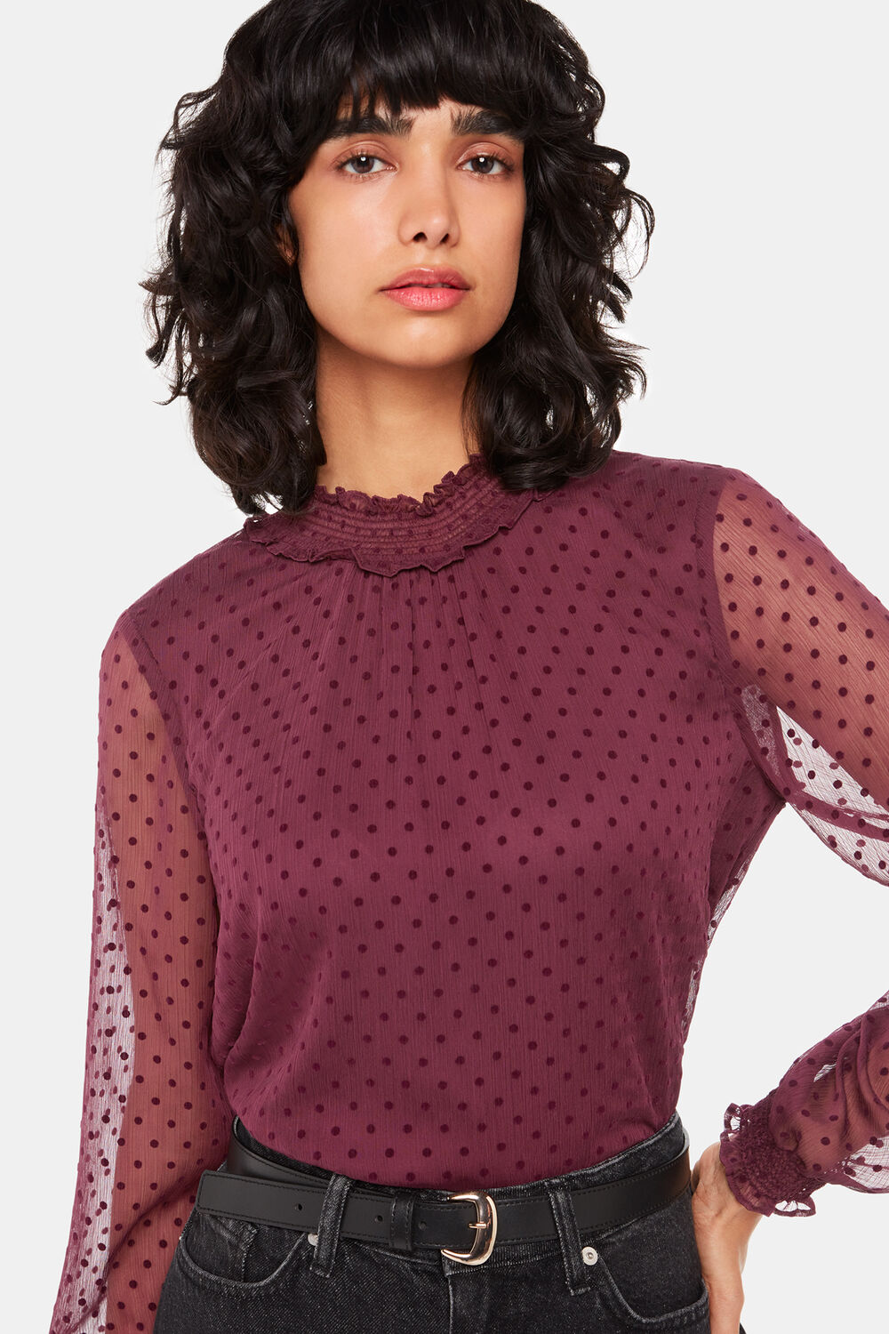 Burgundy Dobby Velvet Shirred Top
