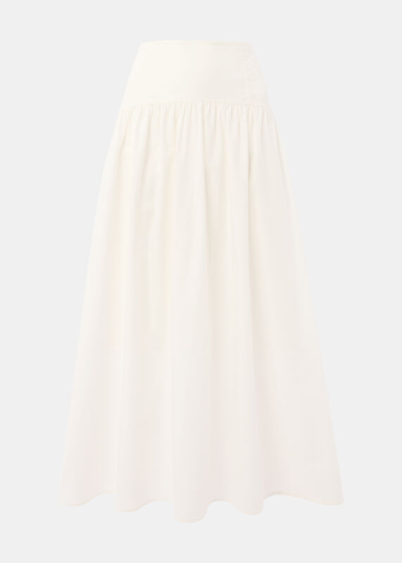 White Cotton Waisted Midi Skirt