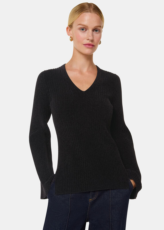 Black Chenille V Neck Sweater