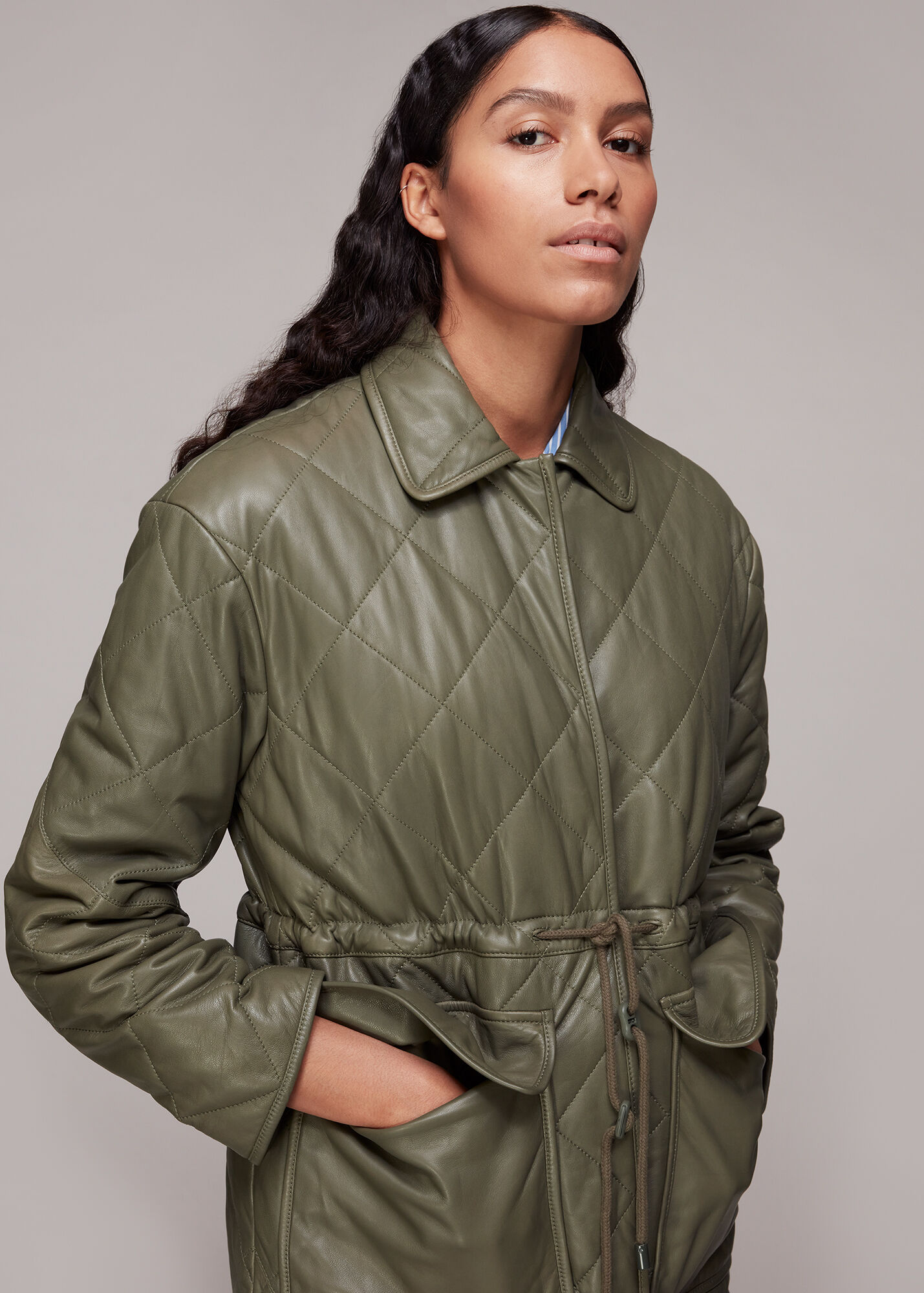 Khaki Millie Leather Quilted Coat WHISTLES