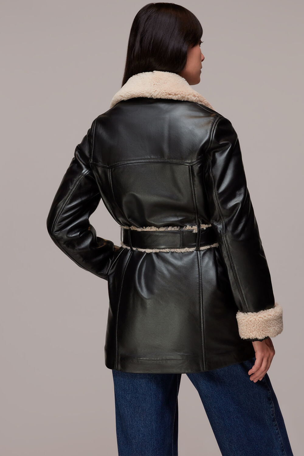 Black Maya Leather Belted Coat
