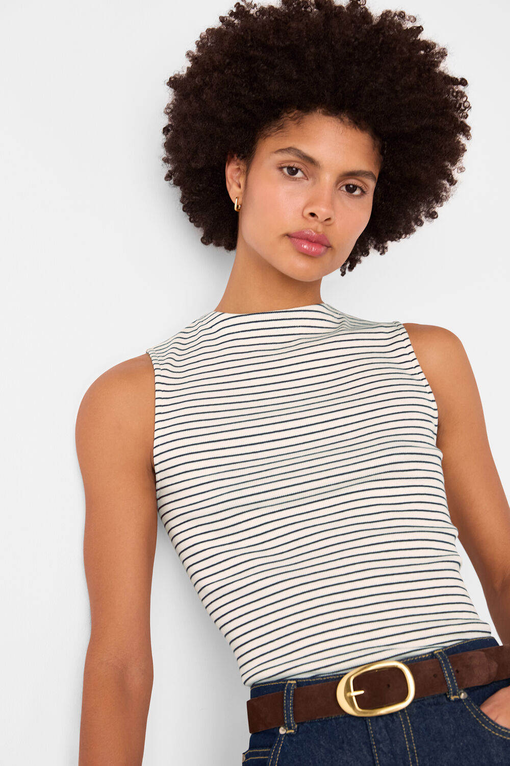 Ivory Stripe High Neck Rib Tee