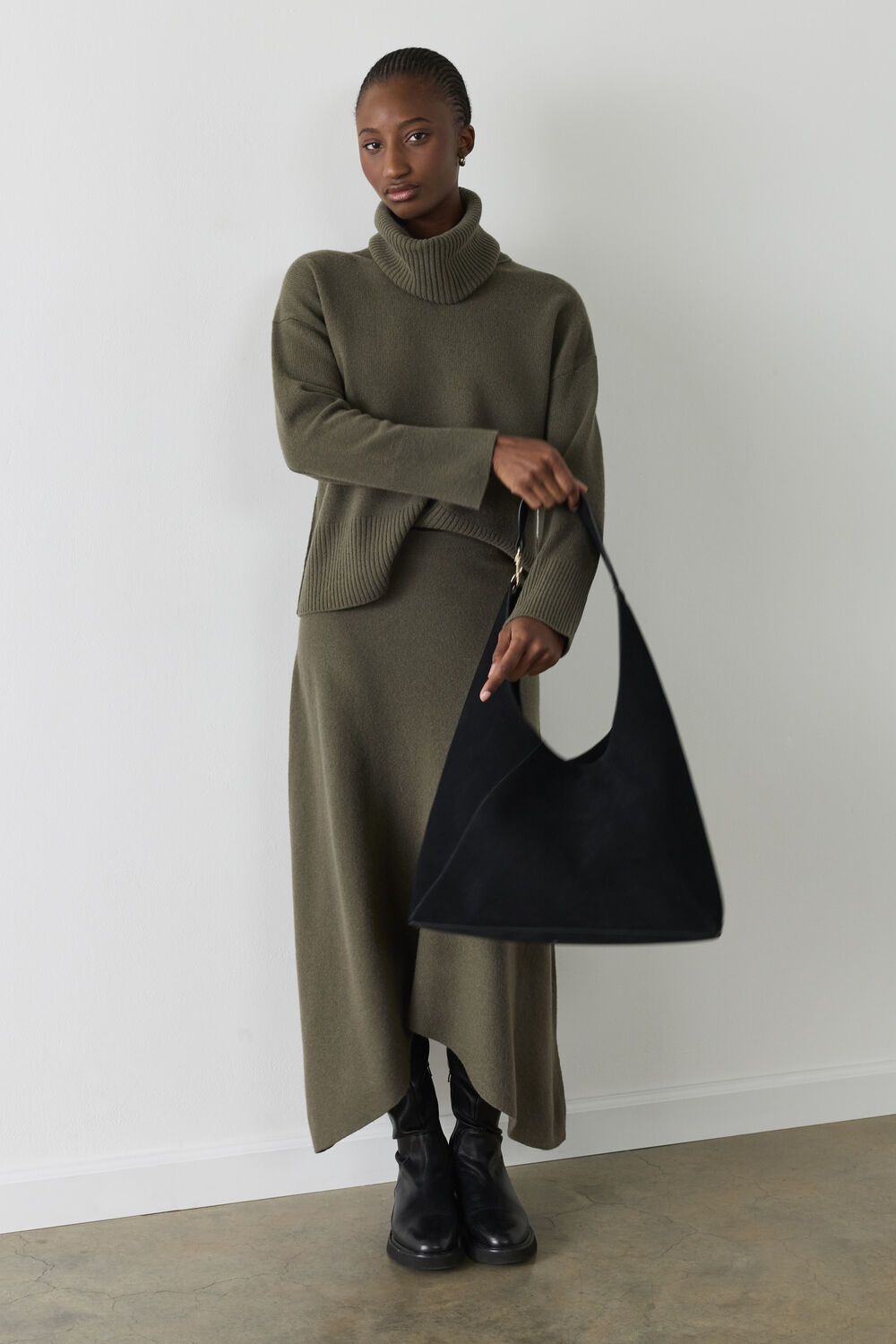 Khaki Asymmetric Hem Wool Knit Skirt