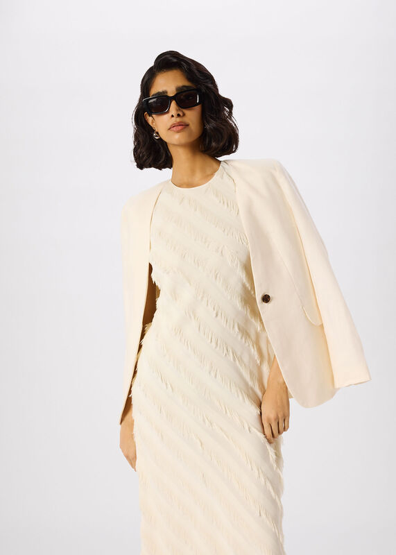 Ivory Diagonal Fringe Textured Dress