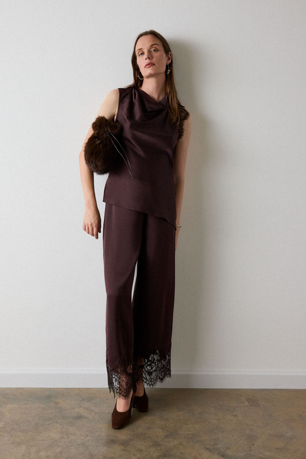 Chocolate Lace Asymmetric Satin Top