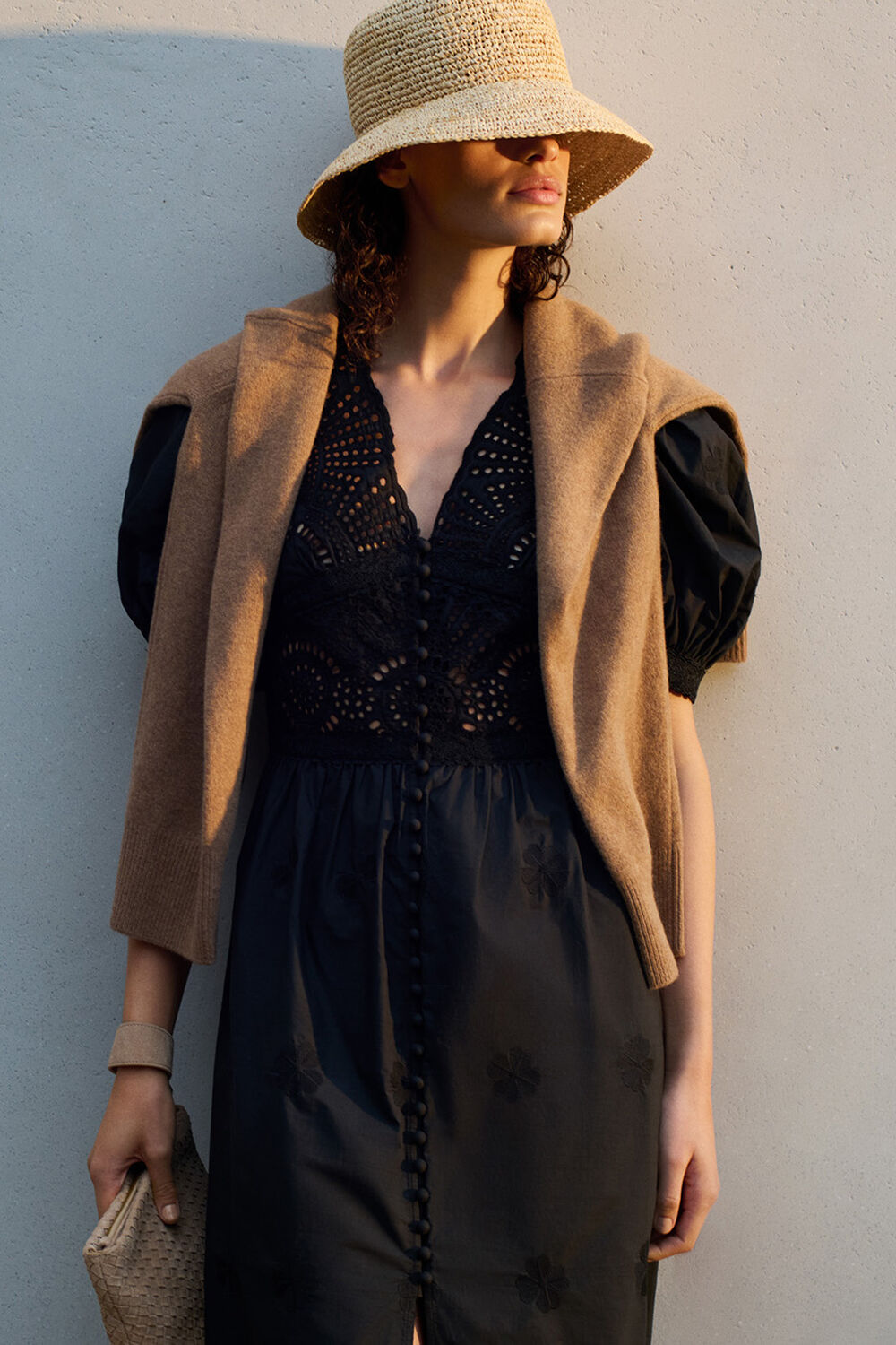 Black Petite Cotton Broderie V Neck Dress