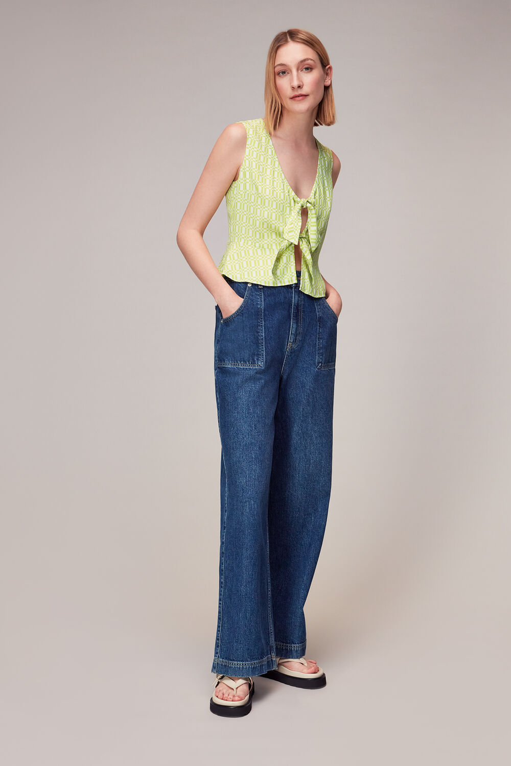 Green Link Check Tie Front Top