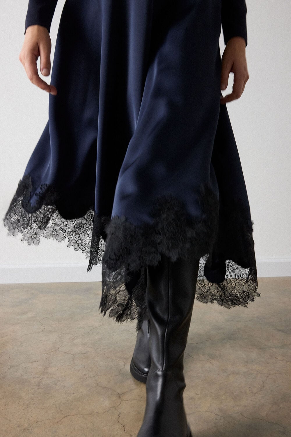 Navy Knit Hybrid Lace Trim Dress