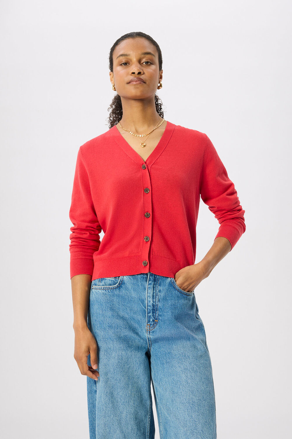 Red V Neck Linen Cardigan